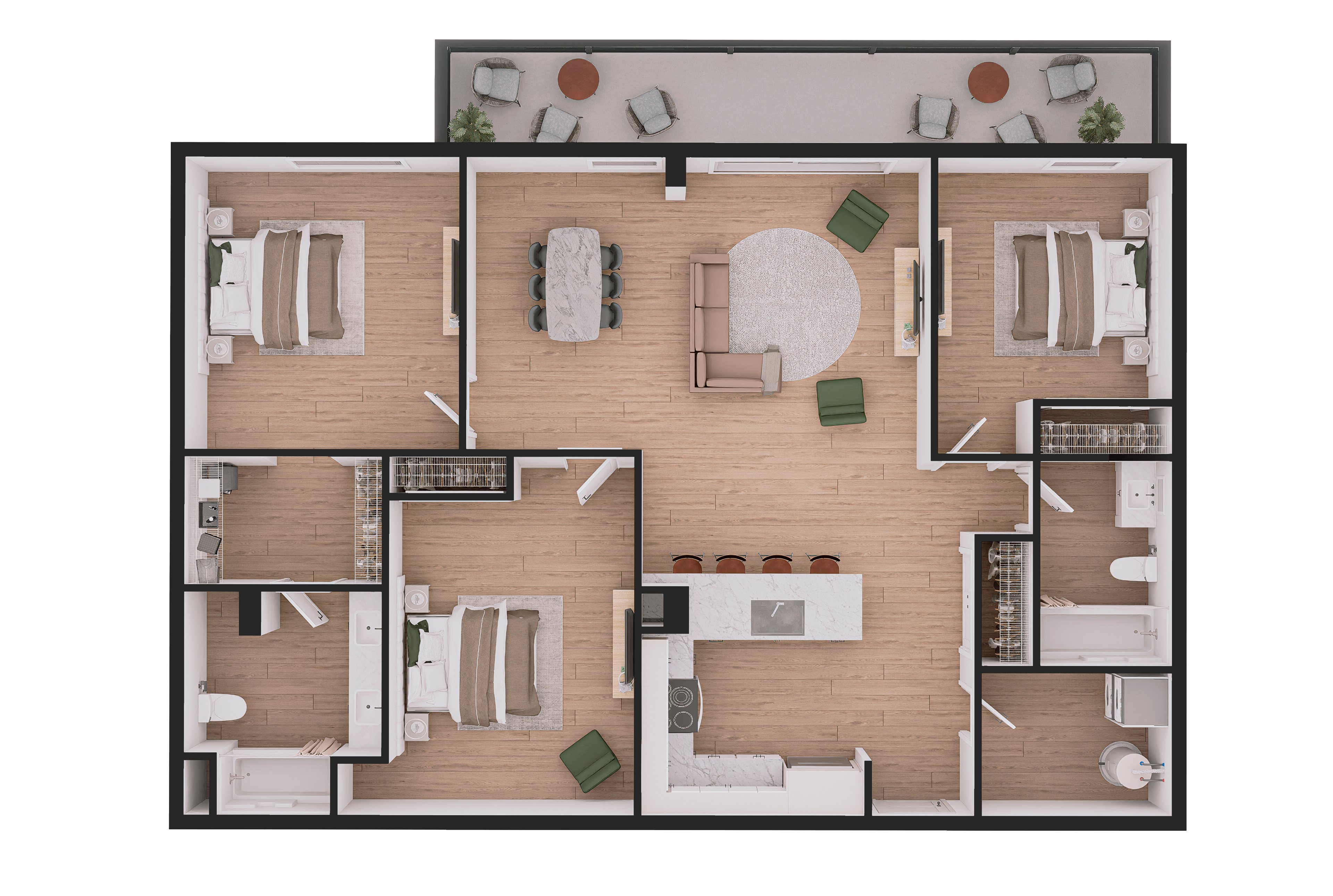 Floor plan for 3 beds, 2 baths, 1299 sqft